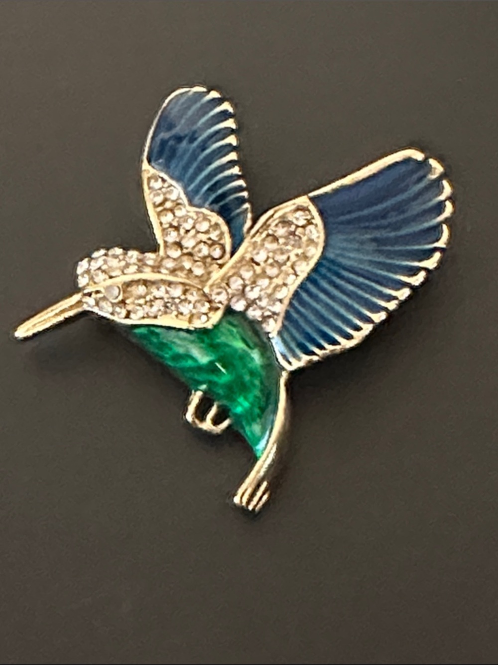 Talbots Blue and Green Enamel Hummingbird Brooch with Crystal Accents
